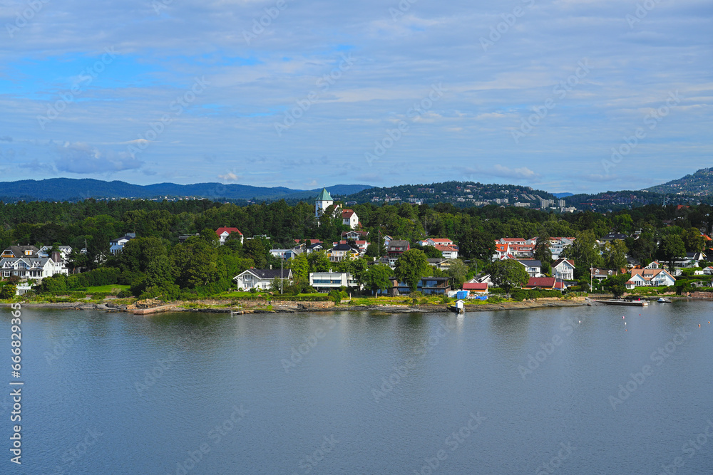 View of the residential area and Villa Grande Bygdoy peninsula near the capital Oslo on the Oslo Fjord, Norway