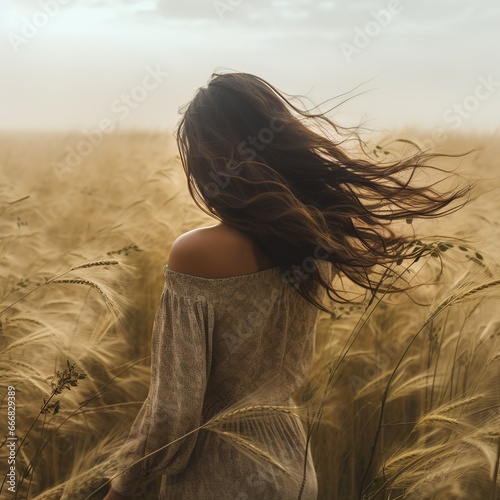 Misty photo of a young woman with long hair blowing in the wind walking in a wheat field wearing a very feminine sensual dress. Back view. Country atmosphere, calming and introspective aesthetic © Bettina