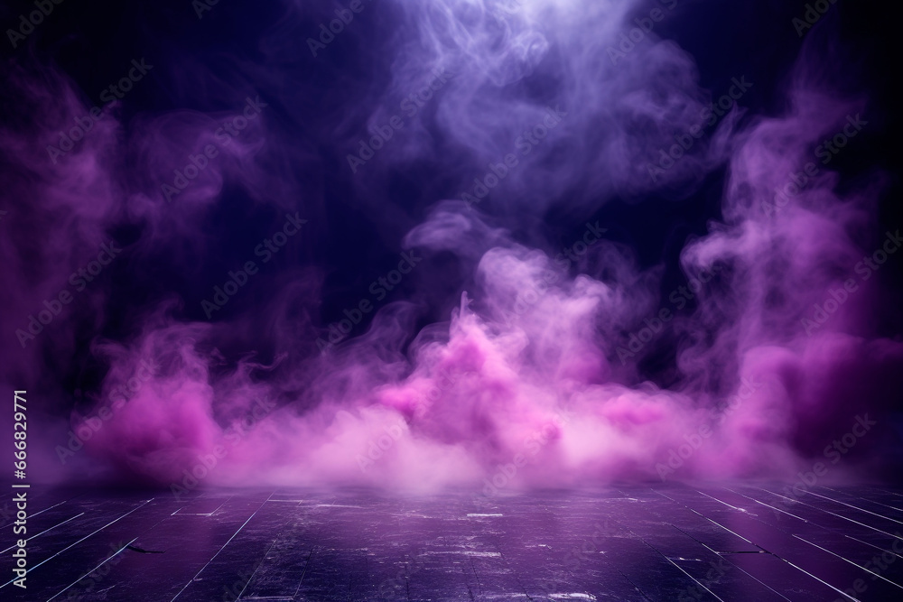 Bright empty stage illuminated by neon purple and blue lights and fog. Abstract minimalistic bright trendy podium background for product presentation - obrazy, fototapety, plakaty 