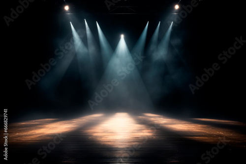 Empty concert stage with illuminated spotlights and smoke. Stage background with copy space. Illustration for cover, card, postcard, interior design, decor, packaging or banner.