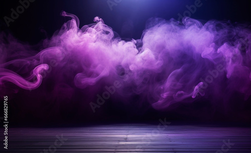 Bright empty stage illuminated by neon purple and blue lights and fog. Abstract minimalistic bright trendy podium background for product presentation