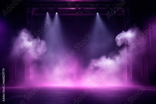 Bright empty stage illuminated by neon purple and blue lights and fog. Abstract minimalistic bright trendy podium background for product presentation photo