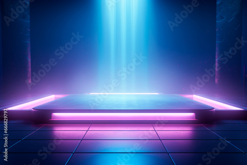 White platform in the middle of a bright empty space illuminated by neon purple and blue lights and fog. Abstract minimalistic bright trendy podium background for product presentation
