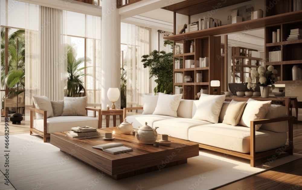 Fototapeta premium Living room interior design with wooden elements