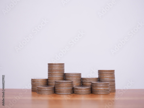 Close up stack of coins, The concept of saving money, Financial, Investment and Business growing. photo