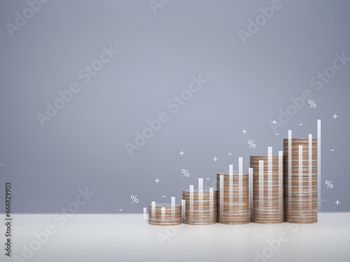 Stack of coins with virtaul increasing graph. The concept of business growth, Financial investment, Market stock, Profit return, Dividend and Business fund