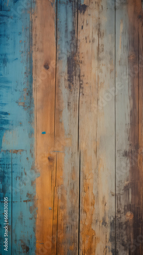 A weathered wooden wall with layers of blue and yellow paint