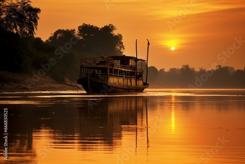 A river barge at sunset. Generative AI