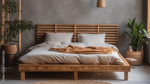 Wooden double bed. Wooden double bed with comfortable orthopaedic mattress, white sheet, cushions in eco interior design. Stylish modern empty room.