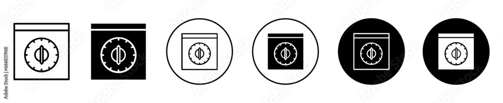 Kitchen oven knob timer icon. household oven or microwave regulator knob with timer symbol set. Thermostat dial controller know with timer line logo. 
