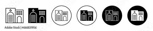 Fire station building icon vector. Firefighting department office building symbol set. Fire station service center or firehouse department building vector line logo. 