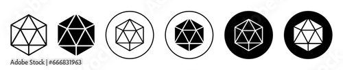 Icosahedron geometrical figure outline icon. triangular polygon or icosahedron octagon symbol set. Geometric octahedron cube vector line logo. Isometric icosahedral sign.