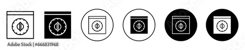 Kitchen oven knob timer icon. household oven or microwave regulator knob with timer symbol set. Thermostat dial controller know with timer line logo. 