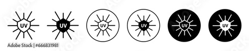 UV icon. hot sun ray light causing skin irritation and sunburn symbol set. Uv or Uva spf sunscreen lotion, cream vector sign. UV radiation protection spf sunscreen lotion line logo.