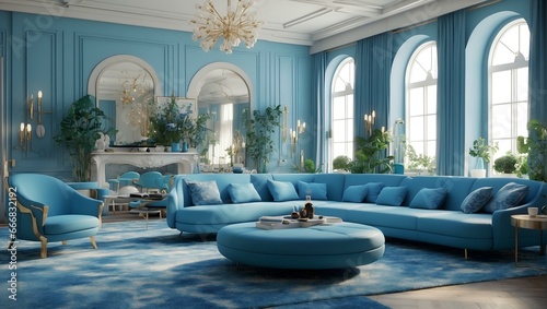 a living room filled with lots of blue furniture
