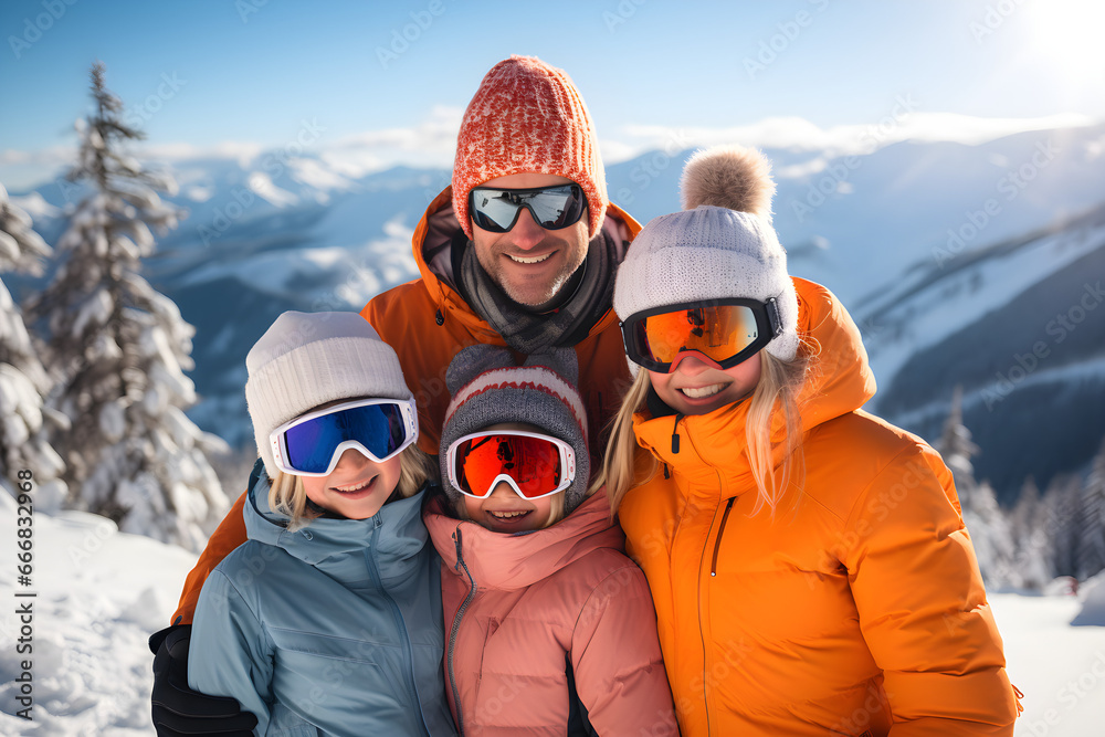 Family ski vacation in the Alps mountains with a group of young skiers, Parents teaching their children alpine downhill skiing, all wearing ski gear, eye wear Family ski vacation in the Alps mountains with a group of young skiers, Parents teaching their children alpine downhill skiing, all wearing ski gear, eye wear