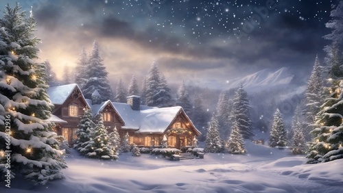 Christmas Cabin in Snowy Forest, Christmas, Winter Holiday Season wallpaper wintery landscape of snow-covered evergreens