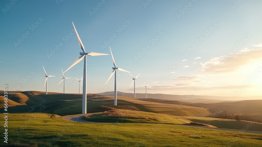 Wind turbines casting shadows over a green meadow Wind turbines casting shadows over a green meadow