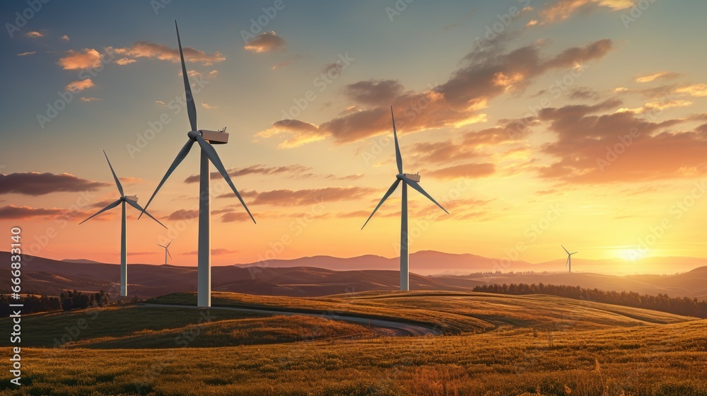 Obraz premium Wind turbines turning against a sunset