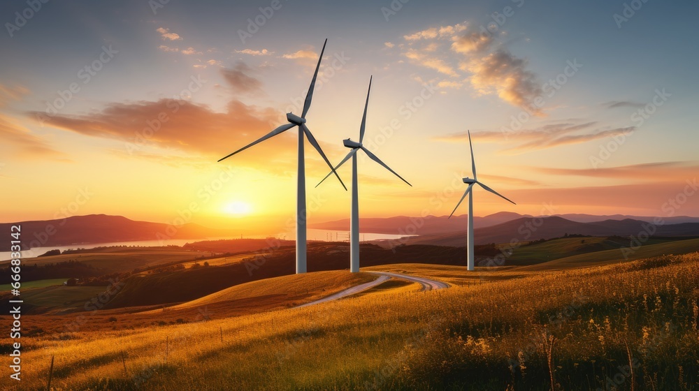 Obraz premium Wind turbines turning against a sunset