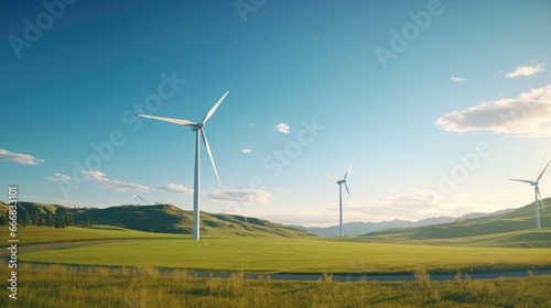 Wind turbines casting shadows over a green meadow