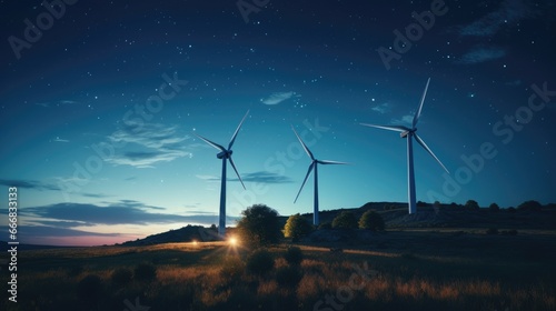 Three wind turbines at dusk against a starlit sky