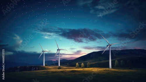 Three wind turbines at dusk against a starlit sky