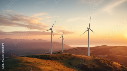 Wind turbines turning against a sunset
