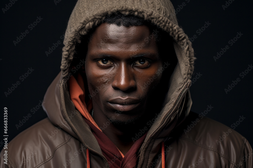 Introspection and Resolve: Close-Up Portrait of a Thoughtful and Defiant Young African Immigrant in a Hooded Jacket