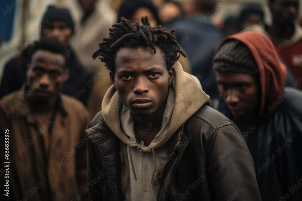 Facing Uncertainty: Portrait of a Young African Illegal Immigrant in Europe, Encircled by Unfocused Companions Facing Uncertainty: Portrait of a Young African Illegal Immigrant in Europe, Encircled by Unfocused Companions