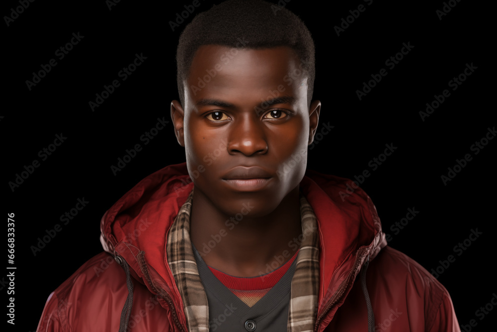 Piercing Gaze: Frontal Portrait of a Young Black African Immigrant in a Red Jacket on a Black Background Piercing Gaze: Frontal Portrait of a Young Black African Immigrant in a Red Jacket on a Black Background