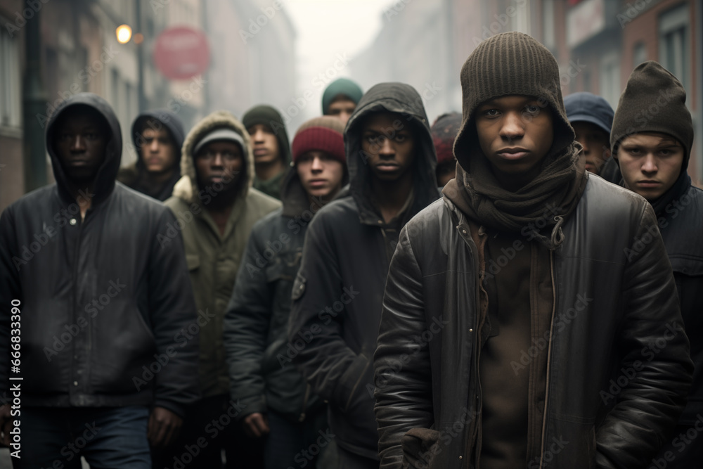 Fototapeta premium Diverse Struggles: Collective of Young Illegal Immigrants Representing Africa, Algeria, Morocco, and Eastern Europe, Cloaked in Dark Hooded Jackets in European Urban Settin