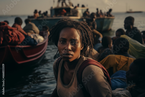 Close-up of a young woman, an illegal African immigrant arriving by sea to Europe on a patera. Social problem, refugee crisis. photo