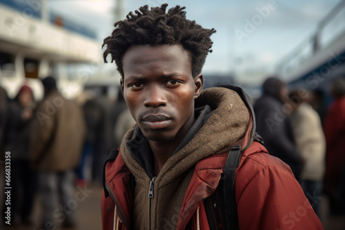Frontal Portrait of a Young Black African Immigrant in a Warm Red Jacket
