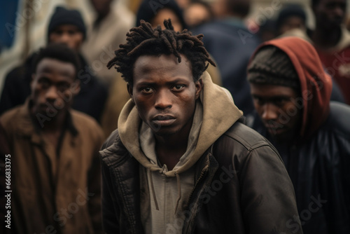 Facing Uncertainty: Portrait of a Young African Illegal Immigrant in Europe, Encircled by Unfocused Companions