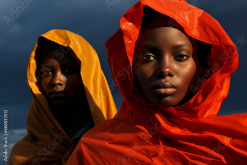 Vibrant Beauty: Captivating Portrait of Two Young African Women Wearing Colorful Headscarves, Set Against a Clear Blue Sky, an Exquisite and Powerful Scene photo