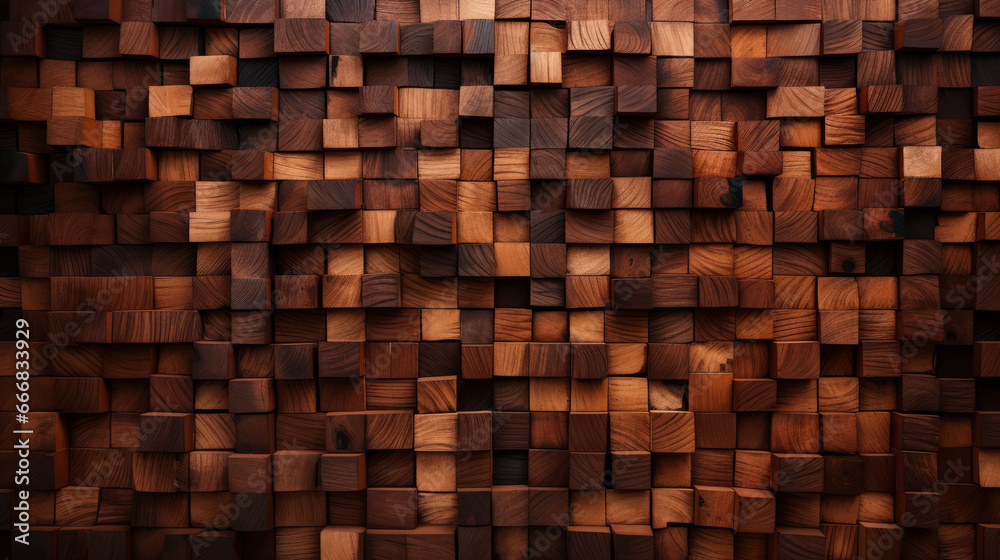 A rustic wooden block wall in a cozy interior A rustic wooden block wall in a cozy interior