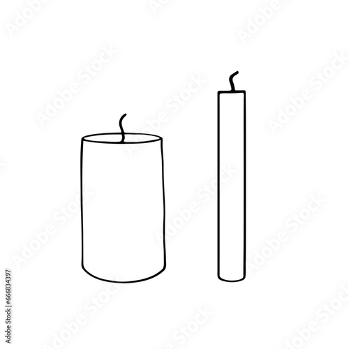 Set of hand drawn candles. Vector illustration. For coloring, cards, printing, packaging, invitations, business cards, advertising