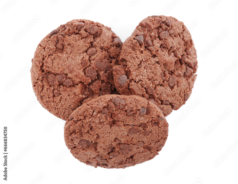 Delicious chocolate chip cookies isolated on white, top view Delicious chocolate chip cookies isolated on white, top view