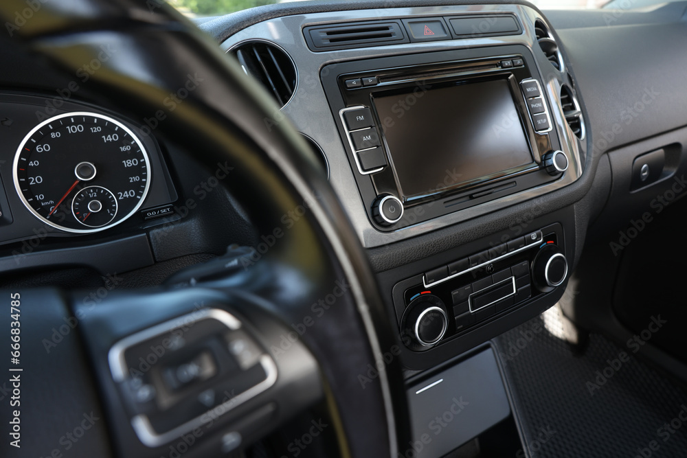 View of dashboard with vehicle audio in car