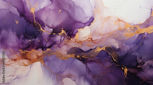An abstract ink type texture with purple color and metallic gold veins. Generative AI.  photo