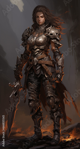 Character game. Concept art a woman in armor with a sword.