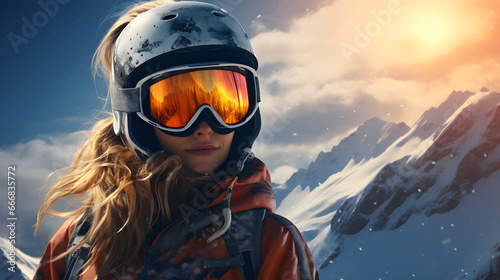 snowboard girl with helmet and orange goggles in snowy mountain background With copy space