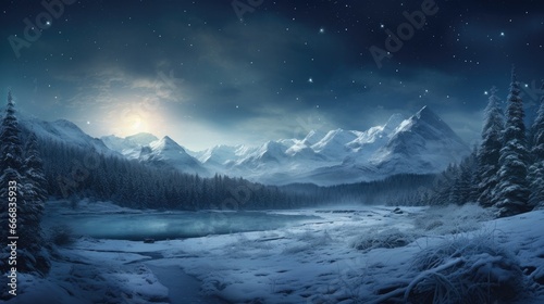 A snowy mountain landscape with a lake in the foreground. Generative AI.