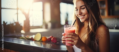 Youthful woman enjoying a fruity smoothie in the kitchen