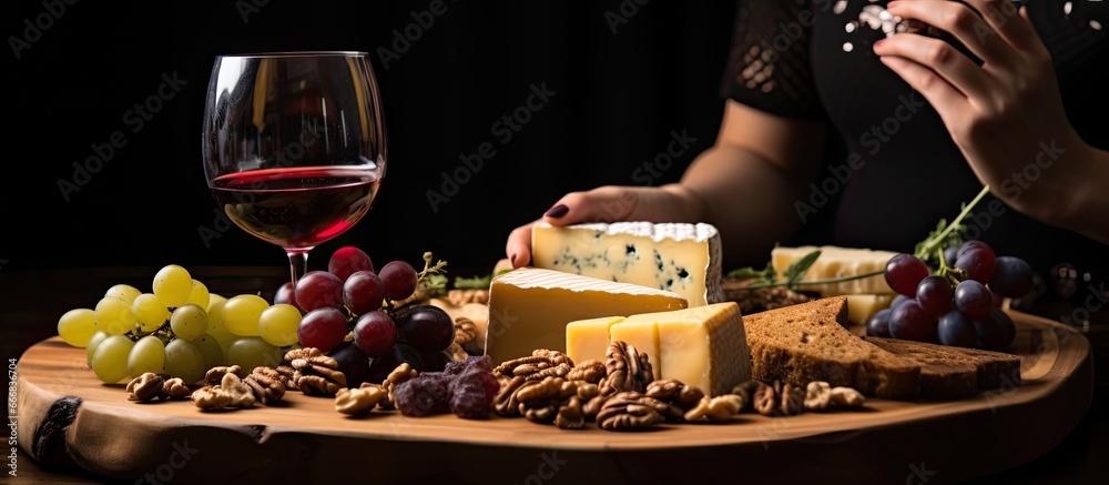 Woman holding a glass of red wine and wooden plate with cheese Tasty cheese with nuts and honey Sampling the dish on a wooden plate Complements wine