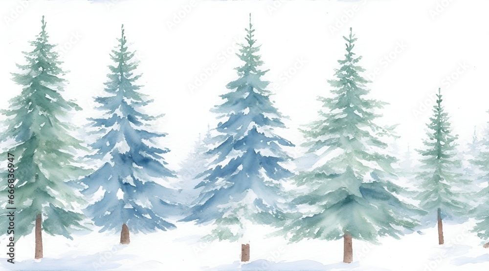 watercolor winter forest with snow