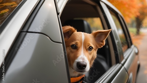A happy dog peeks out of a car window while driving through a fall suburb. Autumn orange trees stand along the road and bright leaves fall during an exciting trip.  © Mariana