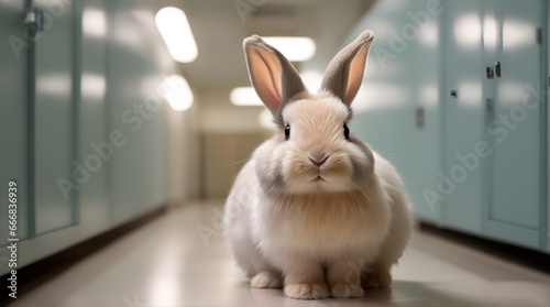 A cute bunny in a long illuminated lab hallway.