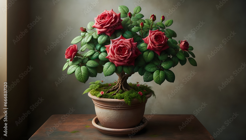 An authentic red rose plant with lush bloom and green foliage rooted in a pot